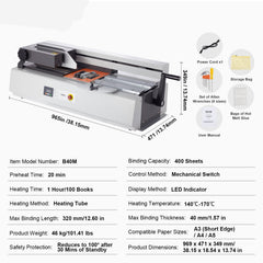 Thermal Binding Machine, 400 Sheets Capacity Hot Glue Binding Machine, Thermal Book Binder 40mm Binding Thickness A3(Short Edge)/A4/A5 Document