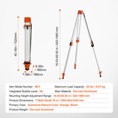 Laser Level Tripod Stand 5/8"-11 Thread 16.53-65.55 in Height Adjustment