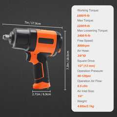1/2-Inch Air Impact Wrench, High Torque Up to 1400 ft-lbs, Lightweight 4.6 lb Design Pneumatic Impact Gun with 11-PCS 1/2-Inch Drive CR-V Steel Impact Socket Set & Carrying Case