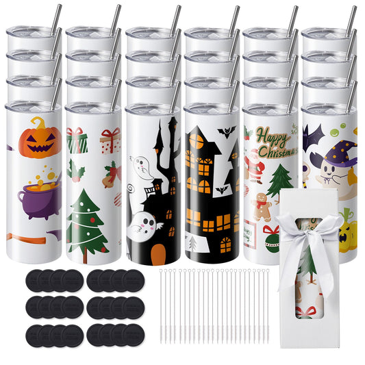 24 Pack Straight Sublimation Tumblers, 20 oz Blank Tumbler Bulk, Stainless Steel Double Wall Tumbler Cups with Straw, Lid, Brush, Base, Shrink Wrap, Gift Box, for Heat Press and Heat Transfer