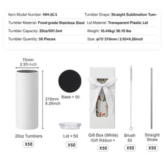 50 Pack Straight Sublimation Tumblers, 20 oz Blank Tumbler Bulk, Stainless Steel Double Wall Tumbler Cups with Straw, Lid, Brush, Base, Shrink Wrap, Gift Box, for Heat Press and Heat Transfer