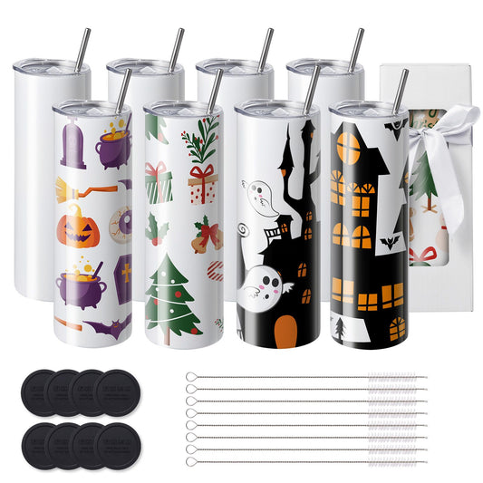 8 Pack Straight Sublimation Tumblers, 30 oz Blank Tumbler Bulk, Stainless Steel Double Wall Tumbler Cups with Straw, Lid, Brush, Base, Shrink Wrap, Gift Box, for Heat Press and Heat Transfer
