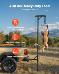 Truck Hitch Game Hoist, 400 lbs Load Capacity, Hunting Deer Hoist with 2-inch Receiver, 360-Degree Swivel Shaft & Adjustable Height, Includes Gambrel Winch for Skinning & Cleaning Game