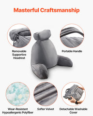 Reading Pillow, Large Bed Pillow with Removable Headrest, Back Pillow with 3 Pockets, Shredded Memory Foam and Washable Short Velvet Cloth, Side with Handles for Reading, Gaming, Resting, Grey
