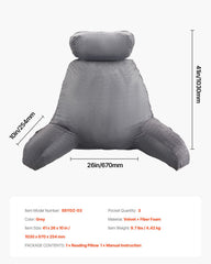 Reading Pillow, Large Bed Pillow with Removable Headrest, Back Pillow with 3 Pockets, Shredded Memory Foam and Washable Short Velvet Cloth, Side with Handles for Reading, Gaming, Resting, Grey