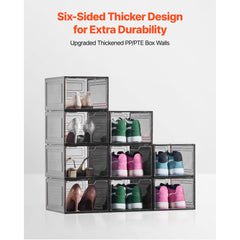 Shoe Storage Boxes, 9 Pack Clear Stackable Shoe Boxes Storage Organizers with Magnetic Door, Fit up to US Size 13, Plastic Sneaker Containers for High Heels, Boots, and Hats, Transparent Black