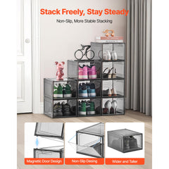 Shoe Storage Boxes, 9 Pack Clear Stackable Shoe Boxes Storage Organizers with Magnetic Door, Fit up to US Size 13, Plastic Sneaker Containers for High Heels, Boots, and Hats, Transparent Black