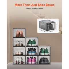 Shoe Storage Boxes, 9 Pack Clear Stackable Shoe Boxes Storage Organizers with Magnetic Door, Fit up to US Size 13, Plastic Sneaker Containers for High Heels, Boots, and Hats, Transparent Black