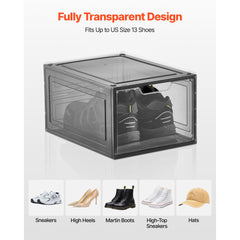 Shoe Storage Boxes, 9 Pack Clear Stackable Shoe Boxes Storage Organizers with Magnetic Door, Fit up to US Size 13, Plastic Sneaker Containers for High Heels, Boots, and Hats, Transparent Black