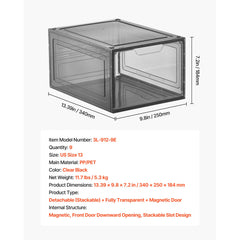 Shoe Storage Boxes, 9 Pack Clear Stackable Shoe Boxes Storage Organizers with Magnetic Door, Fit up to US Size 13, Plastic Sneaker Containers for High Heels, Boots, and Hats, Transparent Black