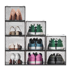 Shoe Storage Boxes, 9 Pack Clear Stackable Shoe Boxes Storage Organizers with Magnetic Door, Fit up to US Size 13, Plastic Sneaker Containers for High Heels, Boots, and Hats, Transparent Black