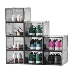 Shoe Storage Boxes, 9 Pack Clear Stackable Shoe Boxes Storage Organizers with Magnetic Door, Fit up to US Size 13, Plastic Sneaker Containers for High Heels, Boots, and Hats, Transparent Black