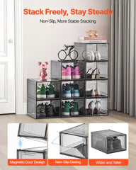 Shoe Storage Boxes, 9 Pack Clear Stackable Shoe Boxes Storage Organizers with Magnetic Door, Fit up to US Size 13, Plastic Sneaker Containers for High Heels, Boots, and Hats, Transparent Black