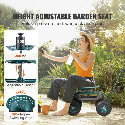 Garden Cart Rolling Workseat with Wheels, Gardening Stool for Planting, 360 Degree Swivel Seat, Wagon Scooter with Steering Handle & Utility Tool Tray, Use for Patio, Yard, and Outdoors, Green