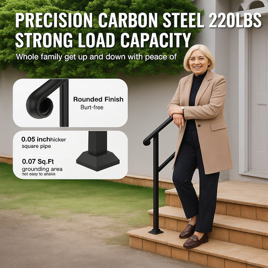 Handrails for Outdoor Steps, 2-3 Step Stair Hand Rail & Indoor Railing Kit, Railings for Outside Steps with Installation Kit, Hand Rails for Seniors,Porch Railing & Deck Hand Rail, Black