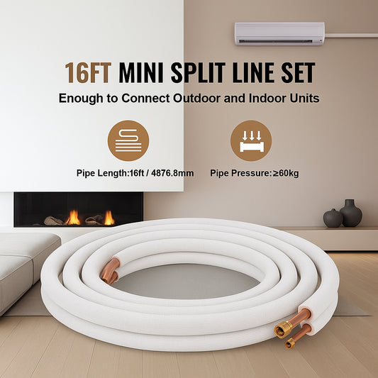 4876.8mm Mini Split Line Set, 6.4 & 12.7mm O.D Copper Pipes Tubing and Triple-Layer Insulation, for Air Conditioning or Heating Pump Equipment & HVAC with Rich Accessories (18ft Connection Cable