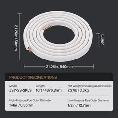 4876.8mm Mini Split Line Set, 6.4 & 12.7mm O.D Copper Pipes Tubing and Triple-Layer Insulation, for Air Conditioning or Heating Pump Equipment & HVAC with Rich Accessories (18ft Connection Cable
