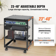 12U Open Frame Server Rack, 15''-40'' Adjustable Depth, Free Standing or Wall Mount Network Server Rack, 4 Post AV Rack with Casters, Holds All Your Networking IT Equipment AV Gear Router Modem