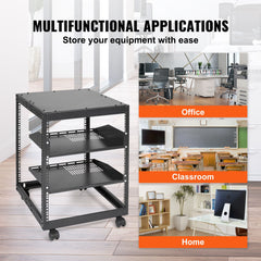12U Open Frame Server Rack, 15''-40'' Adjustable Depth, Free Standing or Wall Mount Network Server Rack, 4 Post AV Rack with Casters, Holds All Your Networking IT Equipment AV Gear Router Modem