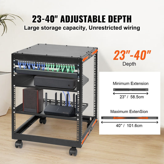 12U Open Frame Server Rack, 15''-40'' Adjustable Depth, Free Standing or Wall Mount Network Server Rack, 4 Post AV Rack with Casters, Holds All Your Networking IT Equipment AV Gear Router Modem
