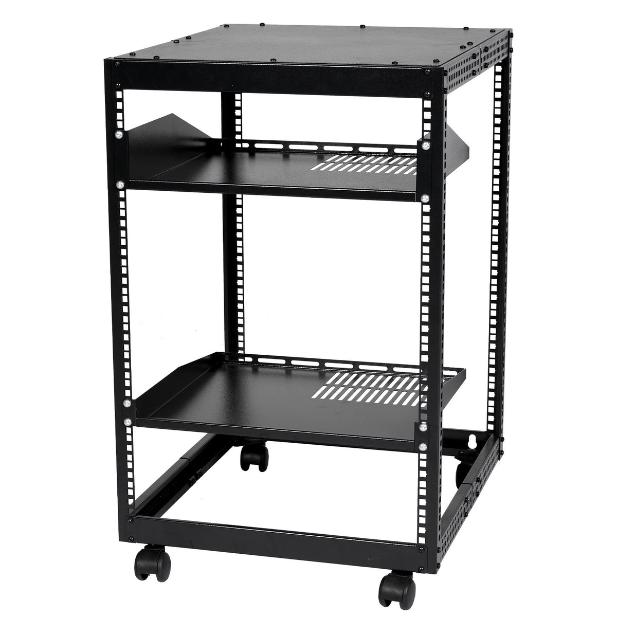 15U Open Frame Server Rack, 23-40 in Adjustable Depth, Free Standing or Wall Mount Network Server Rack, 4 Post AV Rack with Casters, Holds All Your Networking IT Equipment AV Gear Router Modem