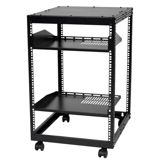 15U Open Frame Server Rack, 23-40 in Adjustable Depth, Free Standing or Wall Mount Network Server Rack, 4 Post AV Rack with Casters, Holds All Your Networking IT Equipment AV Gear Router Modem
