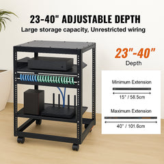 15U Open Frame Server Rack, 23-40 in Adjustable Depth, Free Standing or Wall Mount Network Server Rack, 4 Post AV Rack with Casters, Holds All Your Networking IT Equipment AV Gear Router Modem