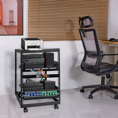 15U Open Frame Server Rack, 23-40 in Adjustable Depth, Free Standing or Wall Mount Network Server Rack, 4 Post AV Rack with Casters, Holds All Your Networking IT Equipment AV Gear Router Modem