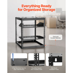 12U Open Frame Network Rack, 585 mm Depth, Wall Mounted or Floor Standing Server Rack, Heavy Duty 4 Post, with Vented Shelves & Mounting Hardware, Holds All Your Networking IT Equipment AV Gear