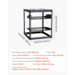 12U Open Frame Network Rack, 585 mm Depth, Wall Mounted or Floor Standing Server Rack, Heavy Duty 4 Post, with Vented Shelves & Mounting Hardware, Holds All Your Networking IT Equipment AV Gear