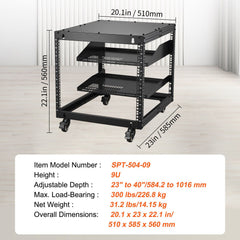 9U Open Frame Server Rack, 584.2 to 1016 mm Adjustable Depth, Free Standing or Wall Mount Network Server Rack with 360° Casters, Heavy Duty 4 Post Holds All Your Networking IT Equipment AV Gear