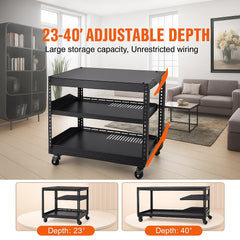 9U Open Frame Server Rack, 584.2 to 1016 mm Adjustable Depth, Free Standing or Wall Mount Network Server Rack with 360° Casters, Heavy Duty 4 Post Holds All Your Networking IT Equipment AV Gear