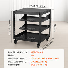 9U Open Frame Server Rack, 584.2 to 1016 mm Adjustable Depth, Free Standing or Wall Mount Network Server Rack with 360° Casters, Heavy Duty 4 Post Holds All Your Networking IT Equipment AV Gear