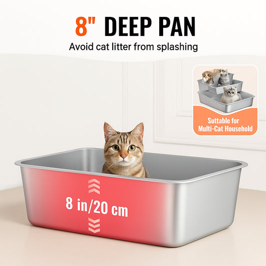 Cat Litter Box, 203 mm Deep, XL Extra Large Stainless Steel Cat Litter Box with Scoop, Wide Filtering Foot Board & High Sides, Enclosed Odor-Free Easy-to-Clean Litter Box, Fit for Big Cats