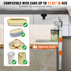 Commercial Can Opener, Heavy-Duty Manual Tabletop Cans Opener for Cans Up to 300 mm Height, Height-Adjustable Professional Can Openers Fixed with Screws, for Restaurant, Hotel, and Food Store