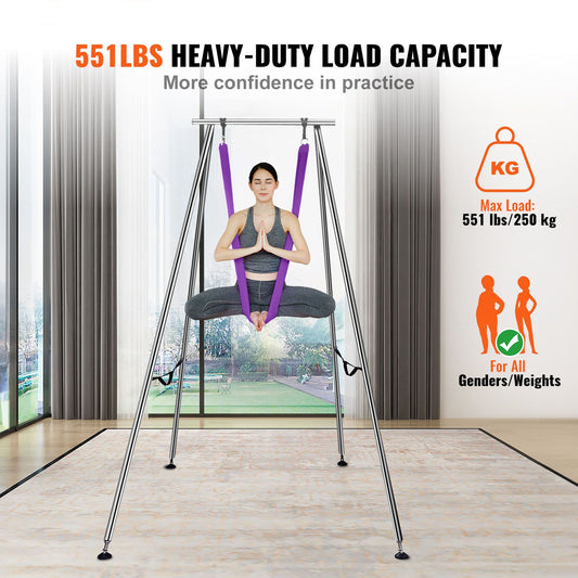 Aerial Yoga Frame & Yoga Hammock, 2950 mm Height Professional Yoga Swing Stand Comes with 12 m Length Aerial Hammock, Max 250 kg Load Capacity Yoga Rig for Indoor Outdoor Aerial Yoga, Purple