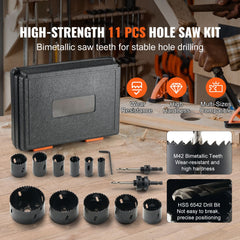Hole Saw Kit, 11 PCS Saw Blades, 2 Drill Bits, 1 Hex Wrench, Bi Metal M42 Hole Saw Set with Carrying Case, General Purpose Size from 3/4" to 3", Ideal for Wood Board, Iron and Plastic Plate