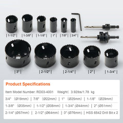 Hole Saw Kit, 11 PCS Saw Blades, 2 Drill Bits, 1 Hex Wrench, Bi Metal M42 Hole Saw Set with Carrying Case, General Purpose Size from 3/4" to 3", Ideal for Wood Board, Iron and Plastic Plate