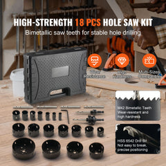 Hole Saw Kit, 18 PCS Saw Blades, 6 Drill Bits, 1 Hex Wrench, Bi Metal M42 Hole Saw Set with Carrying Case, General Purpose Size from 3/4" to 4-1/2", Ideal for Wood Board, Iron and Plastic Plate