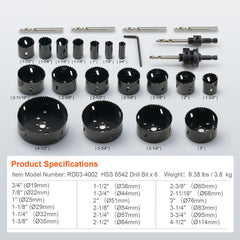 Hole Saw Kit, 18 PCS Saw Blades, 6 Drill Bits, 1 Hex Wrench, Bi Metal M42 Hole Saw Set with Carrying Case, General Purpose Size from 3/4" to 4-1/2", Ideal for Wood Board, Iron and Plastic Plate