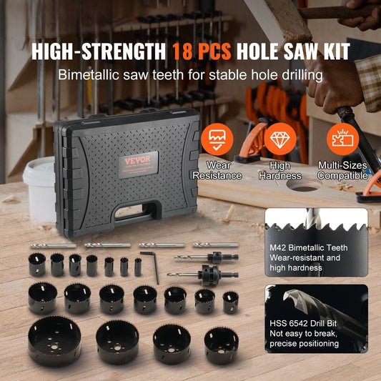 Hole Saw Kit, 18 PCS Saw Blades, 6 Drill Bits, 1 Hex Wrench, Bi Metal M42 Hole Saw Set with Carrying Case, General Purpose Size from 3/4" to 4-1/2", Ideal for Wood Board, Iron and Plastic Plate