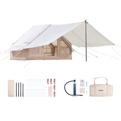Inflatable Tents for Camping, 3-5 Person Easy Setup Blow up Tent with Hand Pump, 300D Oxford 4 Season Glamping Tent with Canopy, Stove Jack, 2 Doors & 2 Mesh Windows (Storage Bag Included)