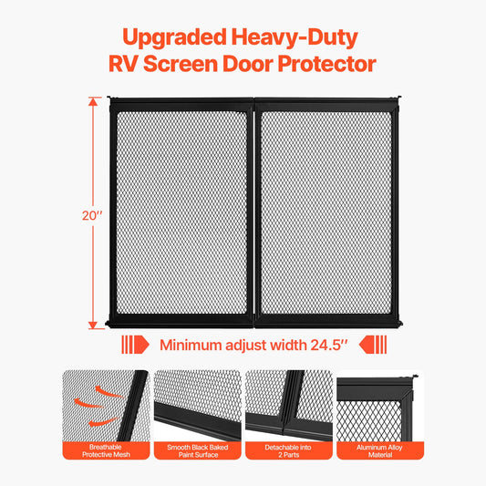 RV Screen Door Protector, 622.3 x 508 mm Door Grille, Easy to Install and Disassemble, Reinforced Breathable Protective Mesh, Aluminum Alloy Camper RV Entry Protector for Pet Protection, Black