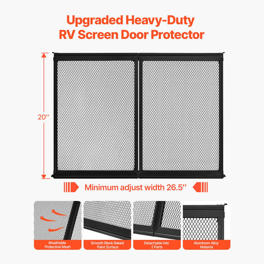 RV Screen Door Protector, 673.1 x 508 mm Door Grille, Easy to Install and Disassemble, Reinforced Breathable Protective Mesh, Aluminum Alloy Camper RV Entry Protector for Pet Protection, Black