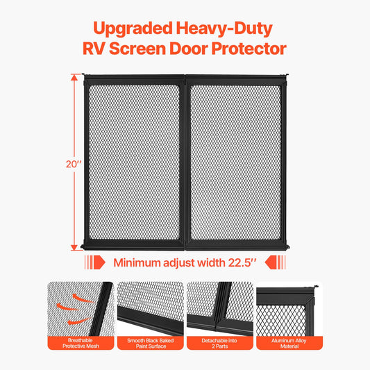 RV Screen Door Protector, 571.5 x 508 mm Door Grille, Easy to Install and Disassemble, Reinforced Breathable Protective Mesh, Aluminum Alloy Camper RV Entry Protector for Pet Protection, Black