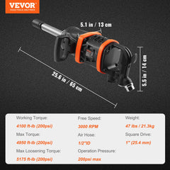 1 Inch Air Impact Wrench, Up to 5175 ft-lbs Beast Reverse Torque Output Pneumatic Impact Gun w/ 8 Inch Extended Anvil for Repairs_nd_aintenance of Heavy Duty Machinery / Semi-Truck / Bus
