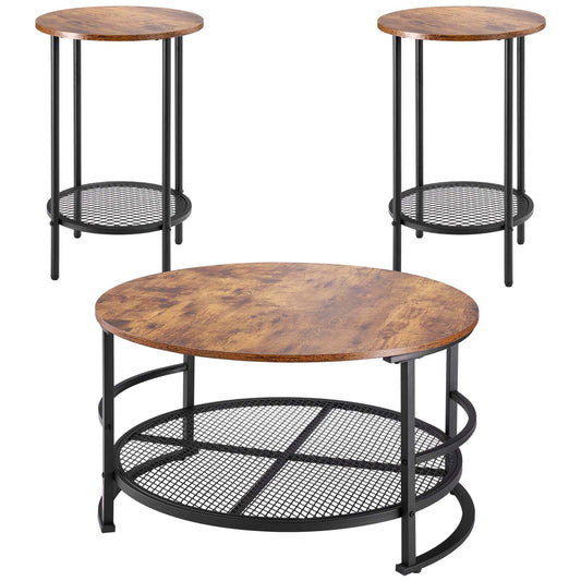 3 Pieces Round Coffee Table Set 80 cm with 2 End Tables for Living Room
