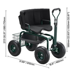 Rolling Garden Cart with Swivel Seat Wheels Extendable Handle Storage Box