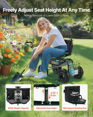 Rolling Garden Cart with Swivel Seat Wheels Extendable Handle Storage Box
