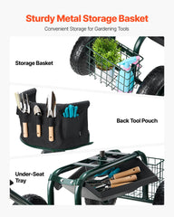 Rolling Garden Cart with Swivel Seat Wheels Extendable Handle Storage Box